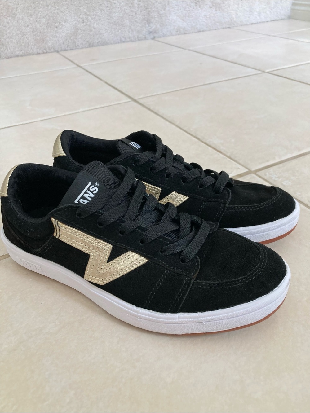 Vans Soland Suede Retro Flying V Skate Shoes black and gold metallic logo